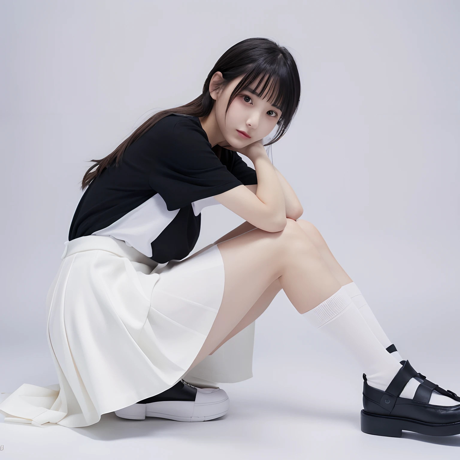1人、(Photorealsitic:1.4)、独奏、White background、A dark-haired、long、Absolute area、skirt by the、((full body Esbian))、knee sox blanche