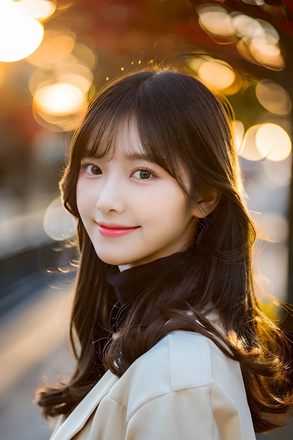 (cute beautiful girl, soft focus, best dynamic angle, sunset backlight effects, high aesthetic, best quality, masterpiece, extremely detailed:1.2), (SFW), BREAK, girl has healthy skin and pretty smiling beauty neat face and glossy lips and silky bobbed softy black hair and glamor feminine busty body and there with extremely details and beautiful and charming and silhouette, fashionable chic outer coat and turtleneck-sweater and pants, tree-lined avenue, autumn, evening with sunset sky, blown wind