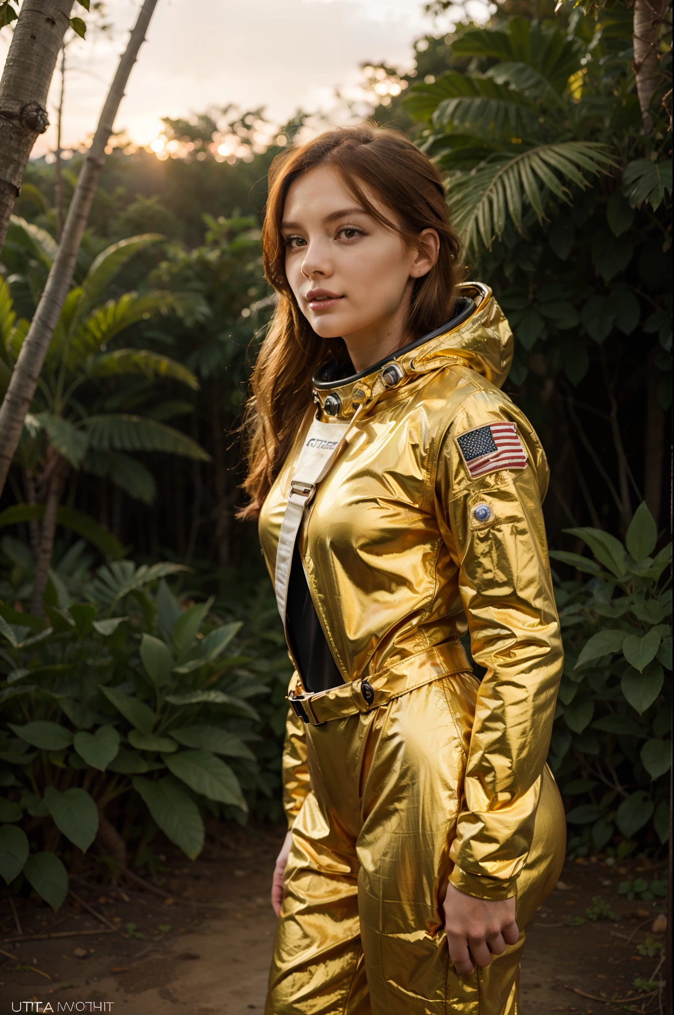 ultrarealistic, vibrant photo, young woman space cadet, ginger hair, mid shot, very beautiful, detailed golden space suit, standing in tropical forest, sunset, peaceful atmosphere, vibrant, colorful