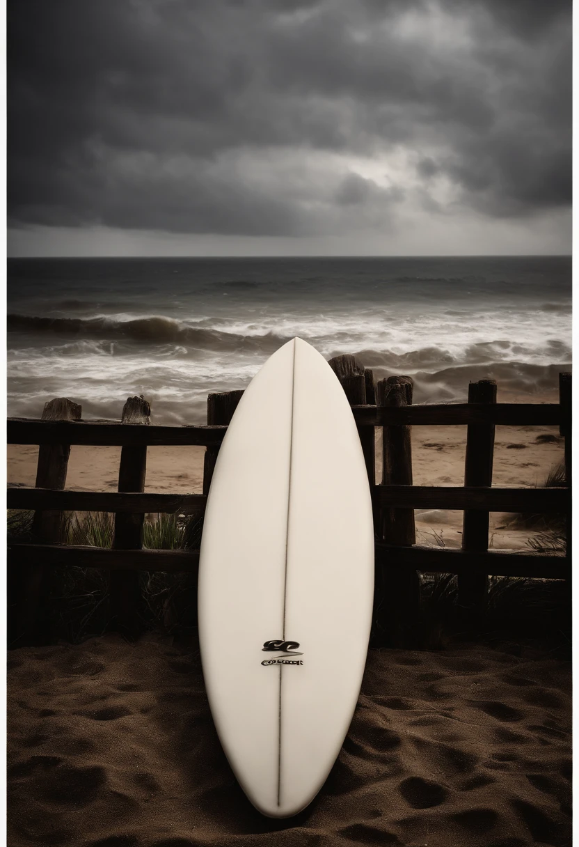 A surfboard resting against a weathered wooden fence, with a backdrop of crashing waves and a dramatic cloudy sky, creating a sense of anticipation and adventure.