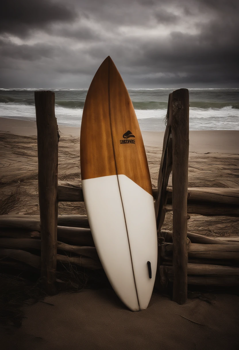 A surfboard resting against a weathered wooden fence, with a backdrop of crashing waves and a dramatic cloudy sky, creating a sense of anticipation and adventure.