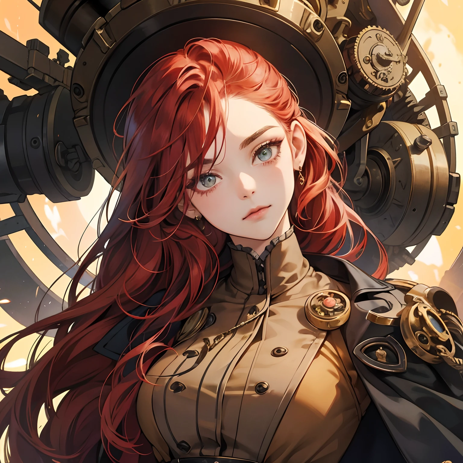 menina ruiva, Olhos azuis, roupa steampunk, close-up do rosto, Illustrations, alta qualidade, ultra-detalhado, vivid colors, retrato, tons de cores quentes, soft lighting, long flowing red hair, vestido longo, Mechanical Accessories, Contexto industrial, intense expression