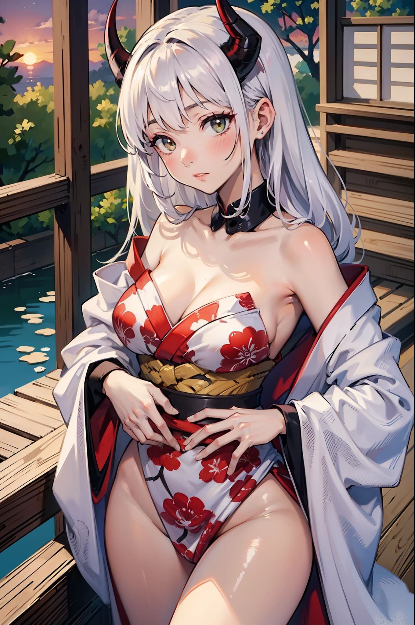 (masterpiece, best quality:1.2), nsfw, (2girls, lesbian, yuri), 18years old, upper body, (white kimono, silver hair, red demon horns, light green eyes), (red kimono, blown hair, white demon horns, brown eyes), vulgarity, undressing, open chest, bare shoulder, bare breast, pink nipple, (standing, hugging), Japanese old style garden, (twilight, sunset)