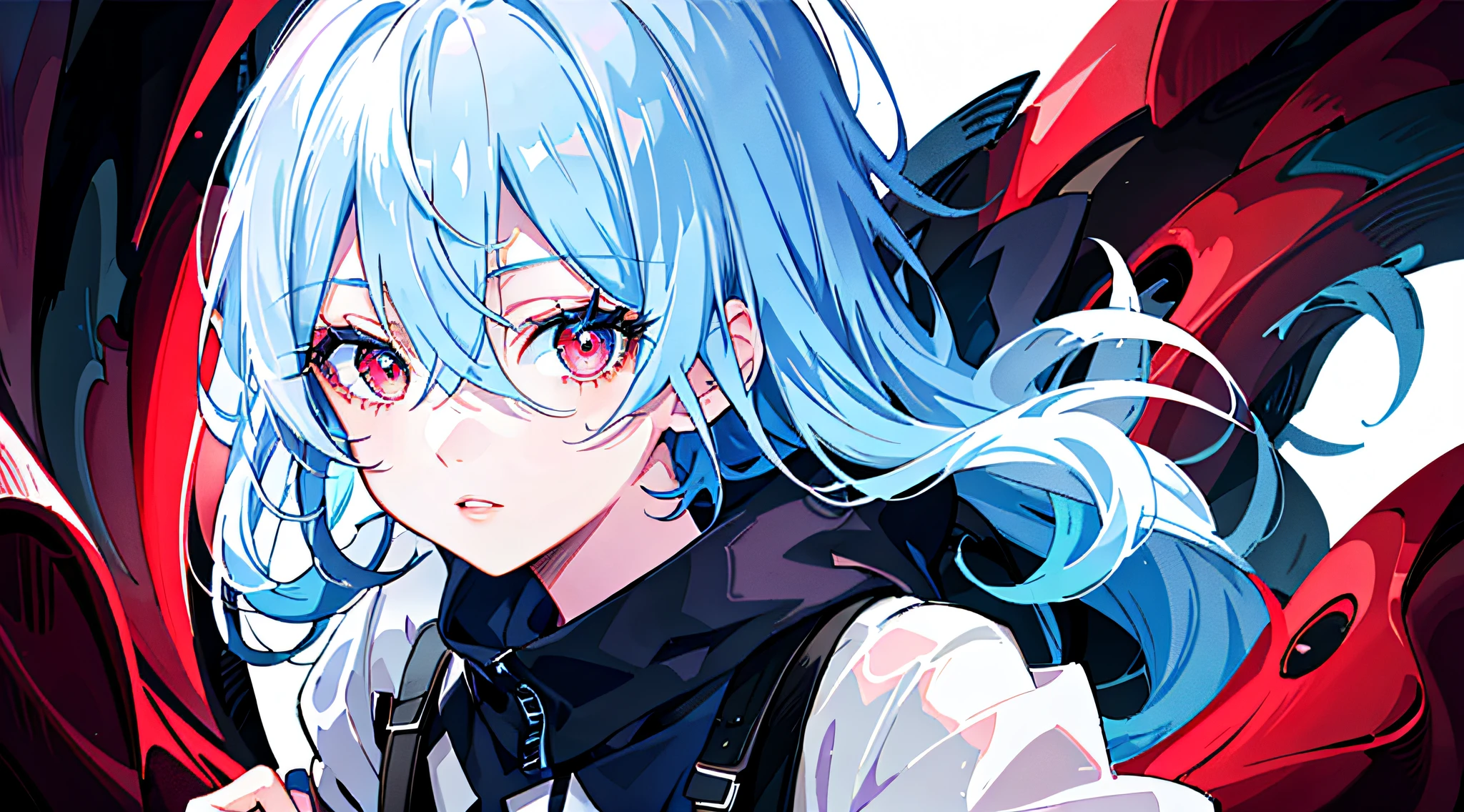 A tired girl with beautiful detailed lips, long eyelashes, and eyes and face as the main focus of the image. The girl has light blue hair and red eyes. The image is set in a dark environment, with vivid colors to create a striking contrast.