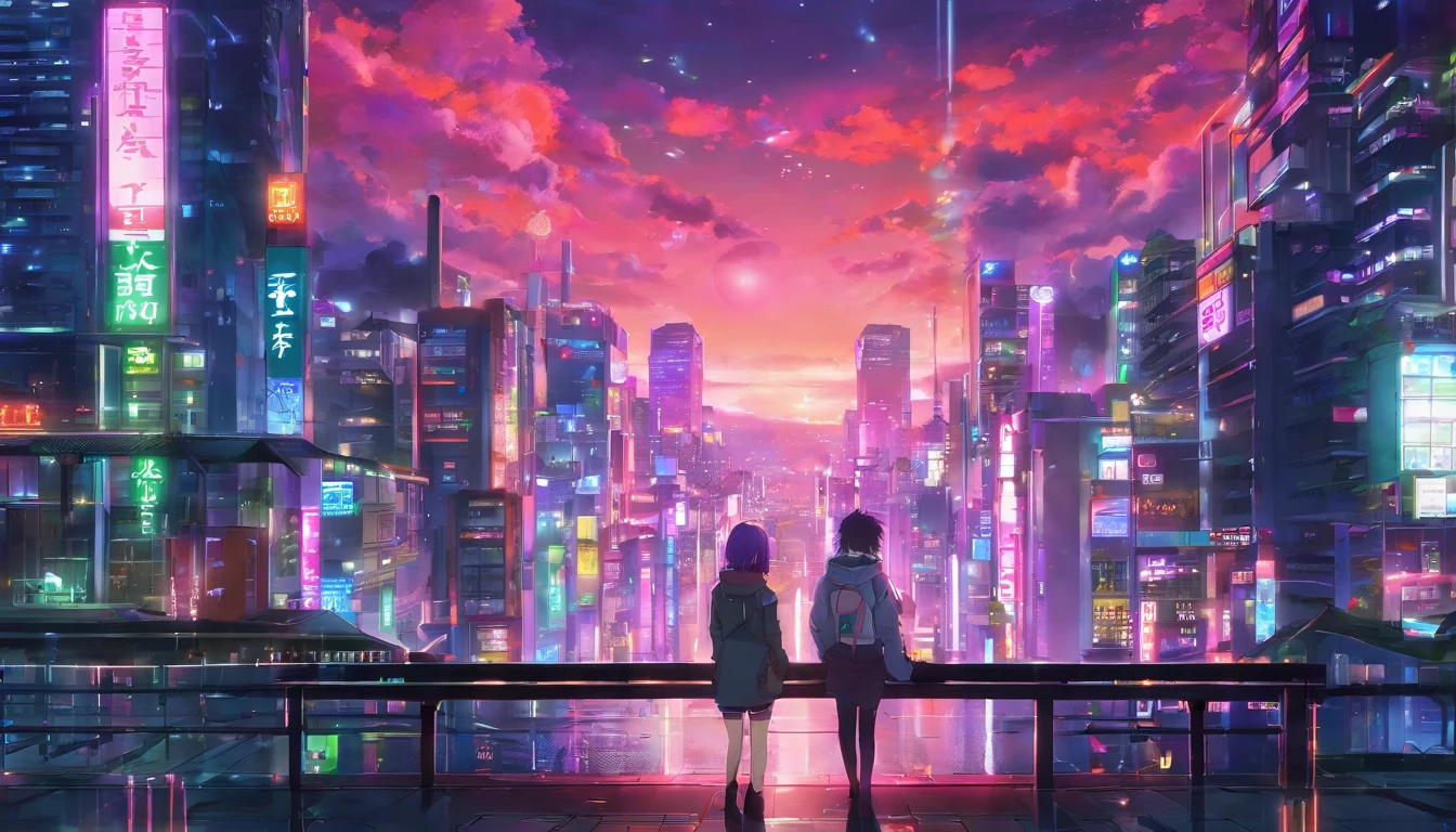 Close-up of city with neon lights at sunset background, synthwave city, vaporwave city, synthwave aesthetic, Neon city in the background, The backdrop of the new Tokyo, Neon metropolis in the background, futuristic urban background, cyberpunk aesthetics, The backstory of the city is cyberpunk, purple cyberpunk city, Cyberpunk city setting, cyberpunk aesthetics, cyberpunk atmosphere, cyberpunk city landscape,Anime Cloud, anime backgrounds, Anime Sky, in the style of makoto shinkai, beautifull puffy clouds. anime, Makoto Shinkai's style, makoto sinkai!, beautiful anime scenery, Adapted from Makoto Shinkai, anime landscape wallpapers, makoto sinkai!!, makoto shinkai art style,japanaese girl,Pale skin,beauitful face(Purple hair)Red jacket,Tokyo at night, has cyberpunk style,japanese streetwear,tokyo fashion,Wearing a cyberpunk 2 jacket 0 7 7,whole-length,Attractive pose,There is a side face of a handsome Japanese high school student in uniform near the bottom view,Wave to the boy