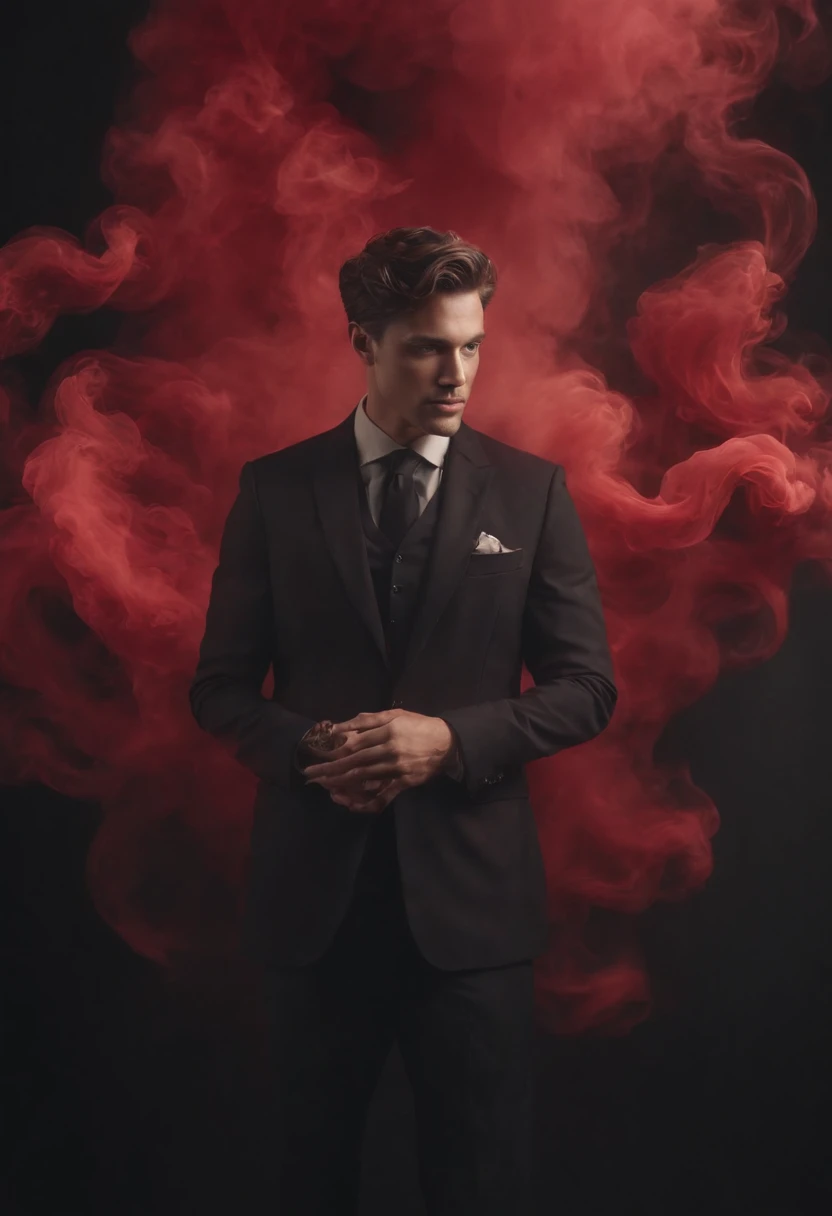 ethereal photo of an elegant man, tanned skin, emerging from swirls of red and black smoke and vapors, black background, icons of science hovering in the air, Peter Lindbergh style, masterpiece of intricate art, ominous, golden ratio, Trend in CGSeteration, Intricate, Epics, Trending on ArtStation, by artgerm, Highly Detailed, Vibrant, Production Cinematic Character Rendering, Very High Quality Template