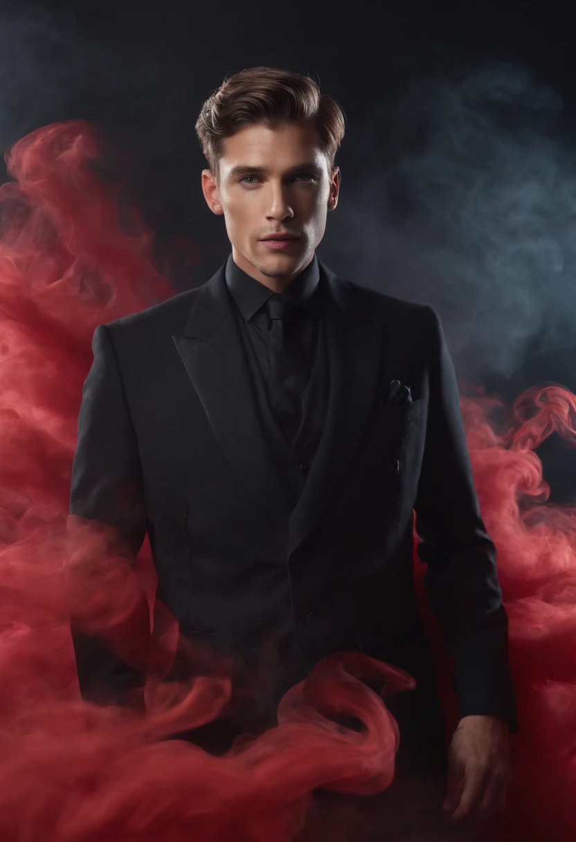 ethereal photo of an elegant man, tanned skin, emerging from swirls of red and black smoke and vapors, black background, icons of science hovering in the air, Peter Lindbergh style, masterpiece of intricate art, ominous, golden ratio, Trend in CGSeteration, Intricate, Epics, Trending on ArtStation, by artgerm, Highly Detailed, Vibrant, Production Cinematic Character Rendering, Very High Quality Template