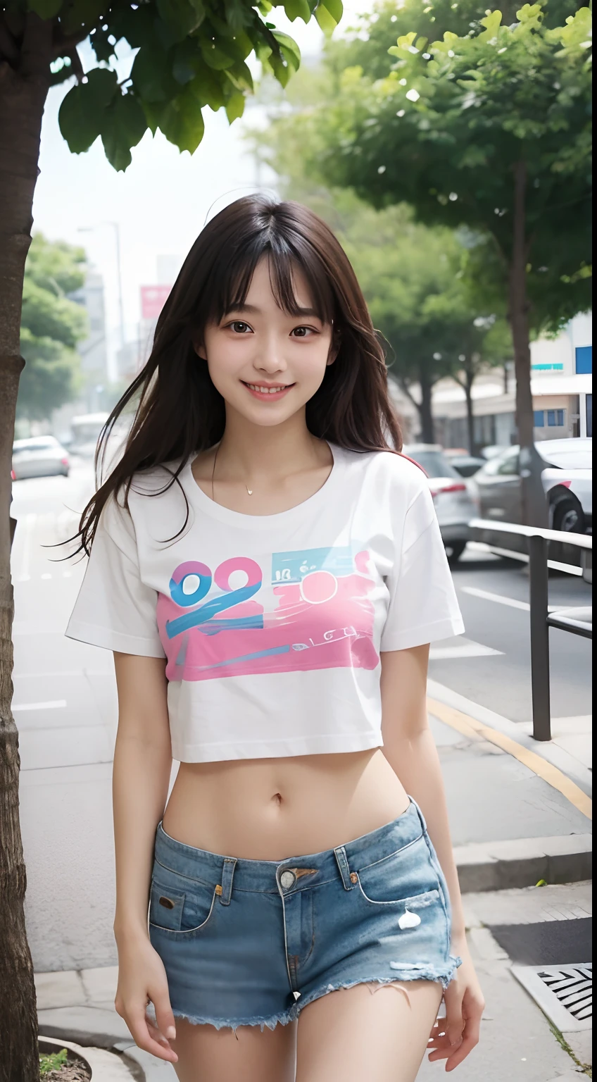 20yr old、The bikini、T-shirt clothes in cute colors、legs are long、with light glowing、a smile