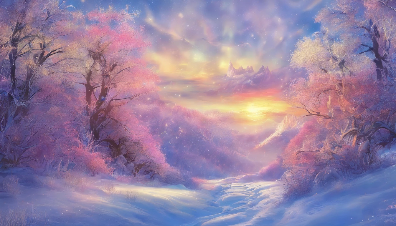 at winter season，Oyuki，snow landscape，（（（Rime））），the setting sun，thin fog，Dingdall effect，super-fine，tmasterpiece，8K，depth of fields，ultra - detailed，Meticulous portrayal，Ultra photo realsisim，Hyper-realistic