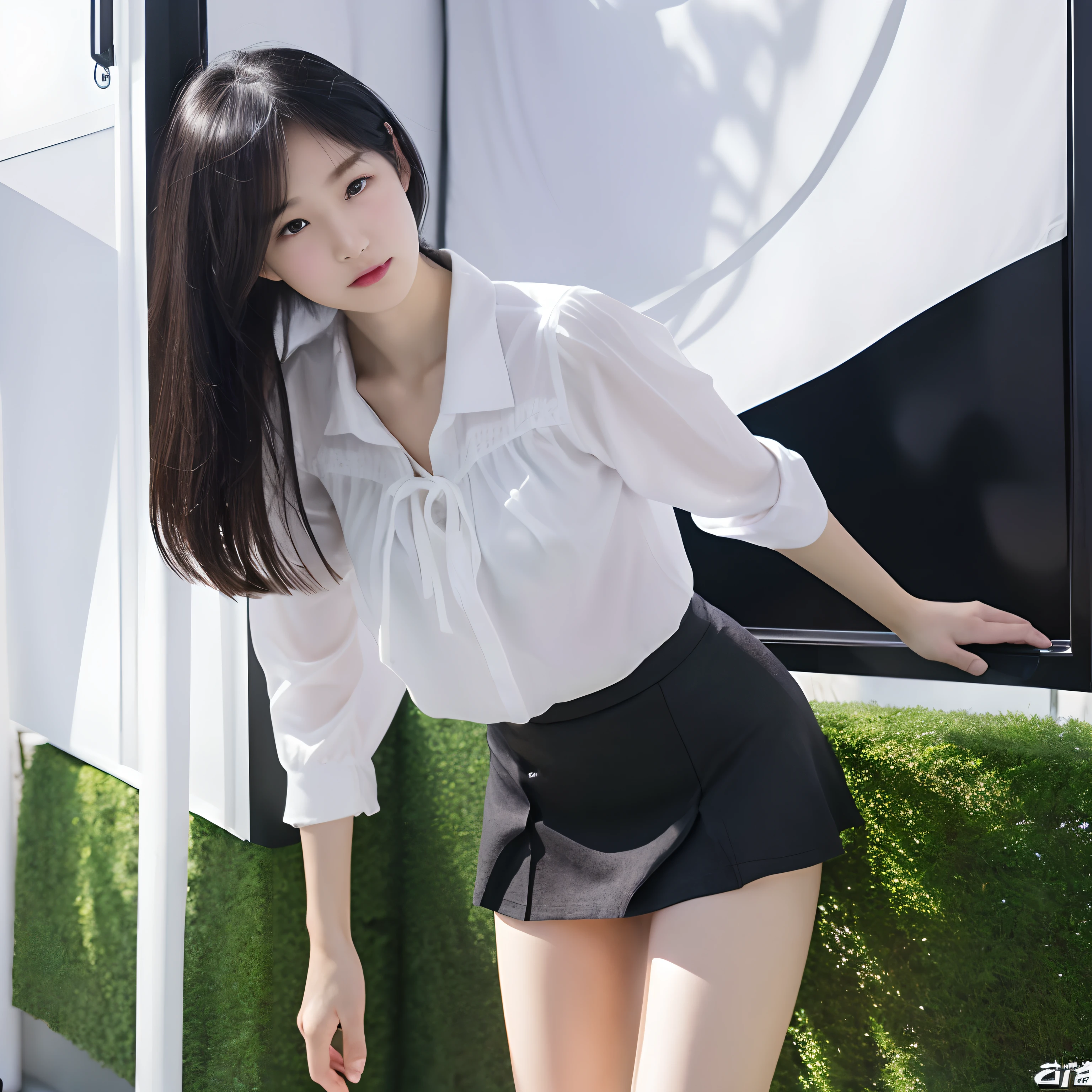 Masterpiece, top quality, characteristics of the whole body (saukztf: 1.3), brown shoulder-length hair, bangs, big eyes, parted lips, black eyes, uniform, white blouse, rain, soaked, blouse on bare skin, light blue underwear, sheer, dripping water droplets, small, plaid pattern, gray colored pleated skirt, bent over with legs open, ,