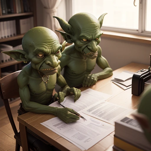 office room, Filled with half-meter green goblins, Sitting at tables with papers and documents. (Over 10 Goblins). looking at the camera. higly detailed. Top Quality.
