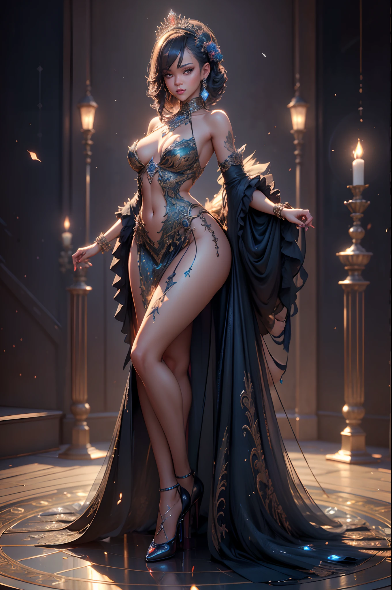 Beautiful Alluring cabaret girl rihanna, bare skin, Athletic Well Toned Body, peacock dress, at a cabaret stage, Barely Clothed, magical realism Theme, fantasy theme, crop top, underboob, Beautiful D&D Character Portrait, Beautiful Face, Ominous, Dark Fantasy, Fiverr Dnd Character, Octane Render, Digital Art, Extreme Detail, 4k, Ultra Hd, Polished, Beautiful, Hyperdetailed, Intricate, Elaborate, Meticulous, Photorealistic, Sharp Focus, Wlop, Character Design, Unreal Engine, 3d Rendered, Volumetric Lighting, Reflections, Glossy, Digital Illustration, Sensual Pose, Suggestive Pose, Full Body Shot, squatting 💖❤💕💋❣