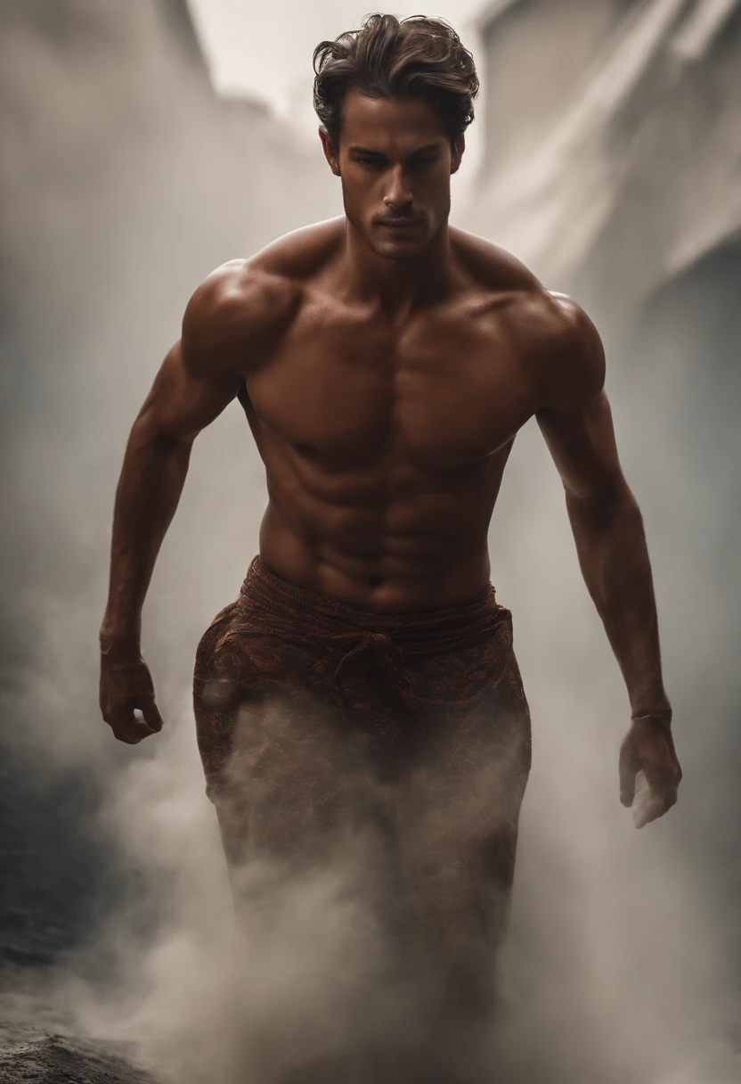 ethereal photo of an elegant man, Brazilian nationality, tanned skin, women in the background, emerging from swirls of smoke and red and black vapors, Peter Lindbergh style, masterpiece of complex art, foreboding, golden ratio, Trend in CGSeteration, intricate, epic, trending in artgerm's ArtStation, highly detailed, vibrant, production cinematic character rendering, very high quality model