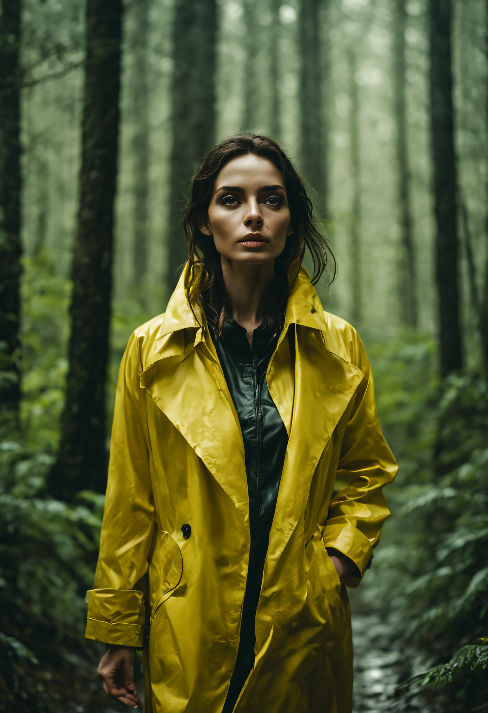 a beautiful woman in a yellow rain coat walking in a moody forest, cinematic, highest quality