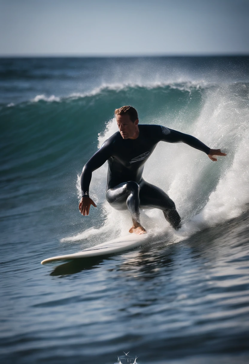 A surfer gracefully carving a turn on a wave, captured from the side, showcasing the dynamic shape and contours of the surfboard as it cuts through the water.