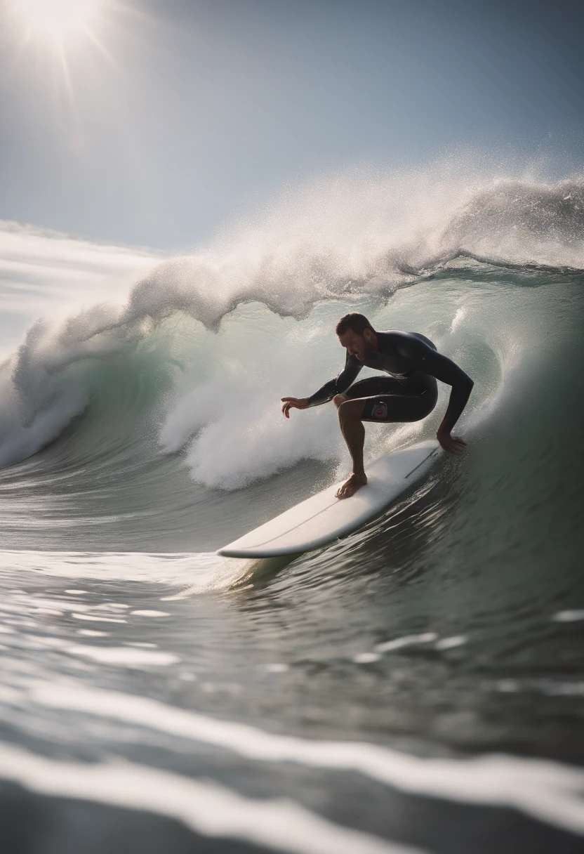A surfer gracefully carving a turn on a wave, captured from the side, showcasing the dynamic shape and contours of the surfboard as it cuts through the water.