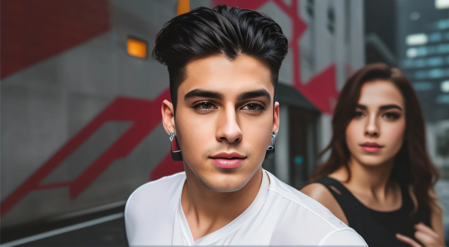 Change background cyberpunk handsome boy, realistic face, gentleman, in bblack suit