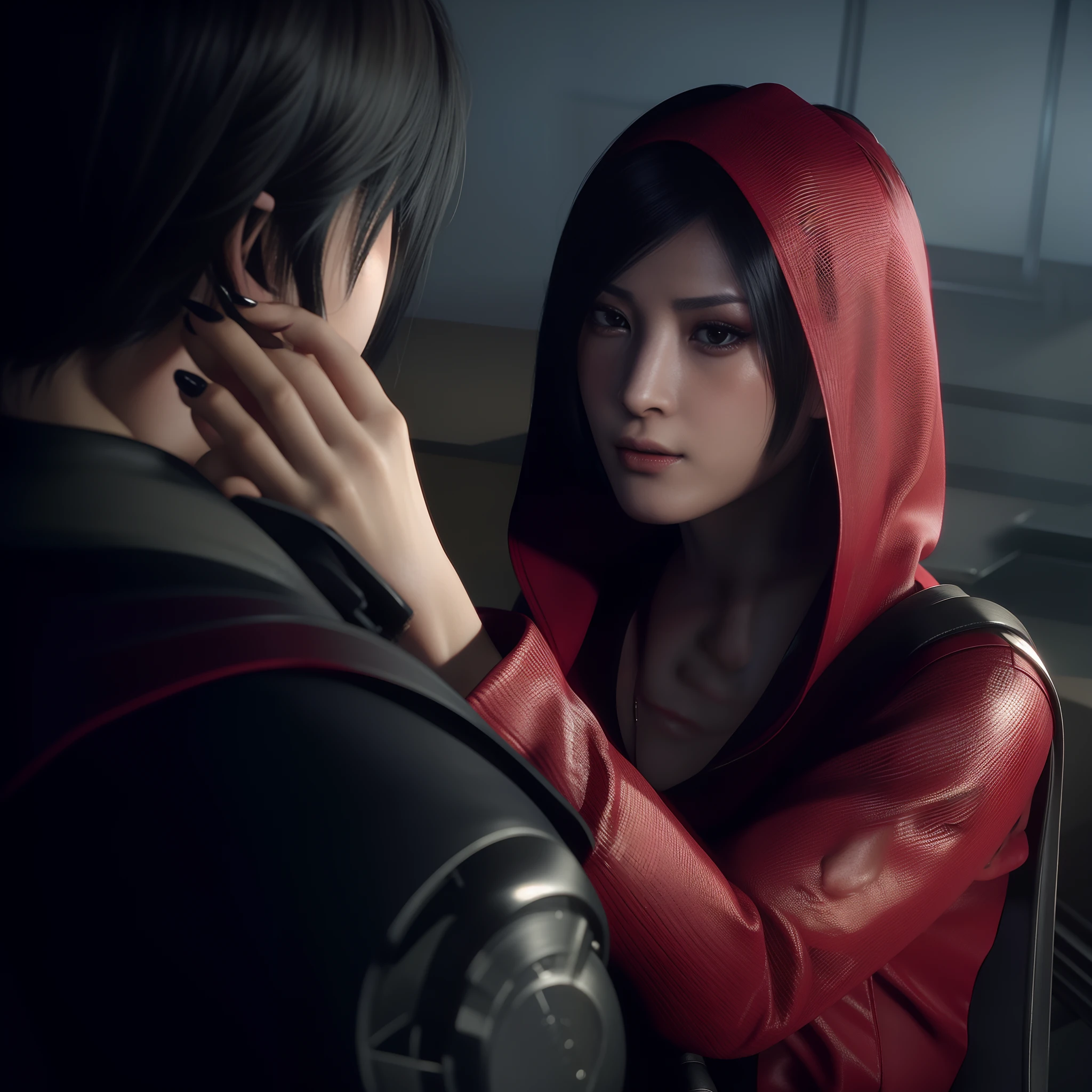 Ada wong, beautiful face, detailed, bob hair, perfect Face, wearing mini red dress hoody, wearing hoody, black nail polish, friendly face, glare, red heels, vg