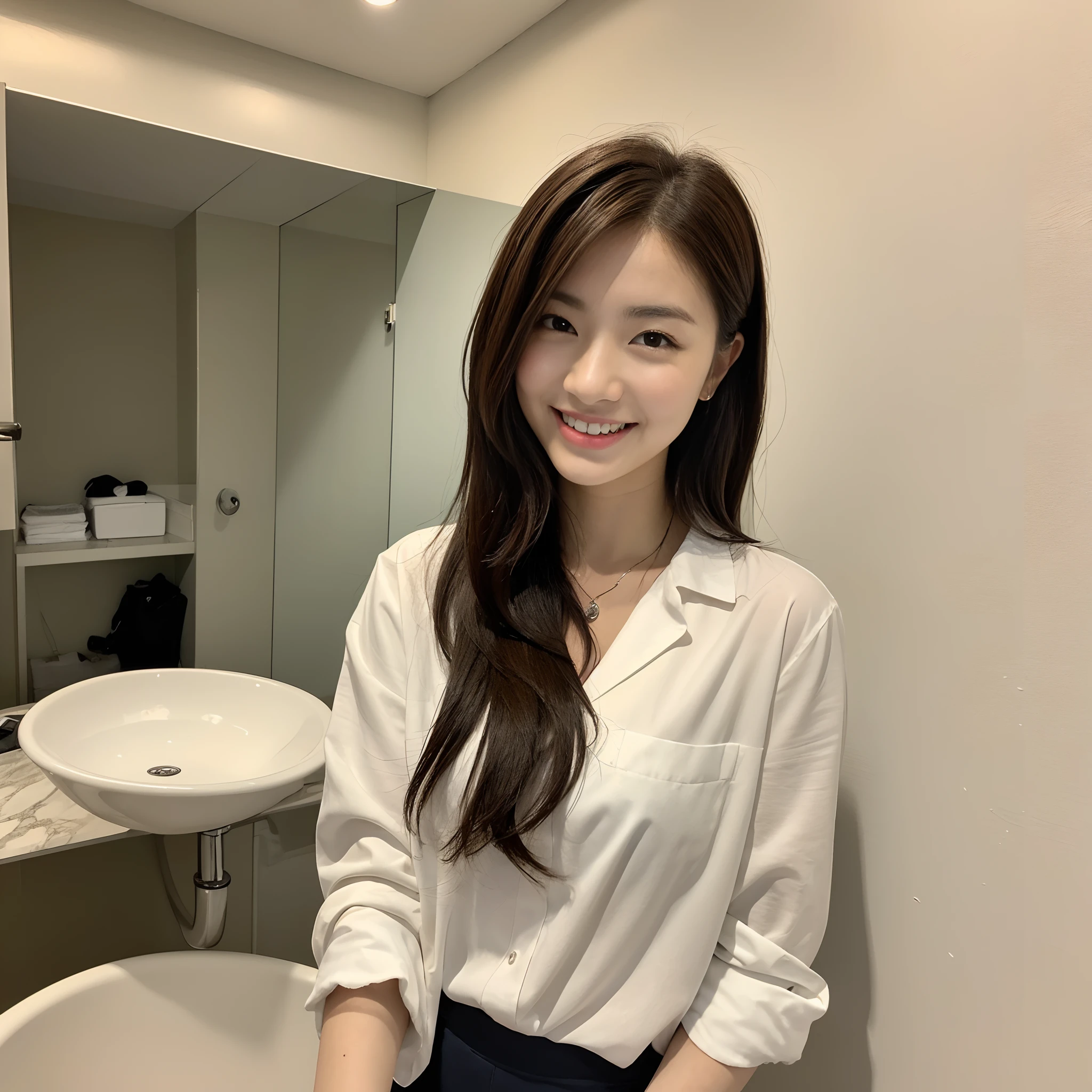 ((Best Masterpiece)), ((of the highest quality)), ((8K)), 1 rapariga, Japanese, 21 years old, Super beautiful, cute little, woman model, Full body, slender, Super Luxury Hotel, Sony SLR Photography, Brown hair, highlights hair、Short hair, waved hair、looking in camera,Smiling face, Background Realistic, Marble wall、buses, Washstand,photograph,