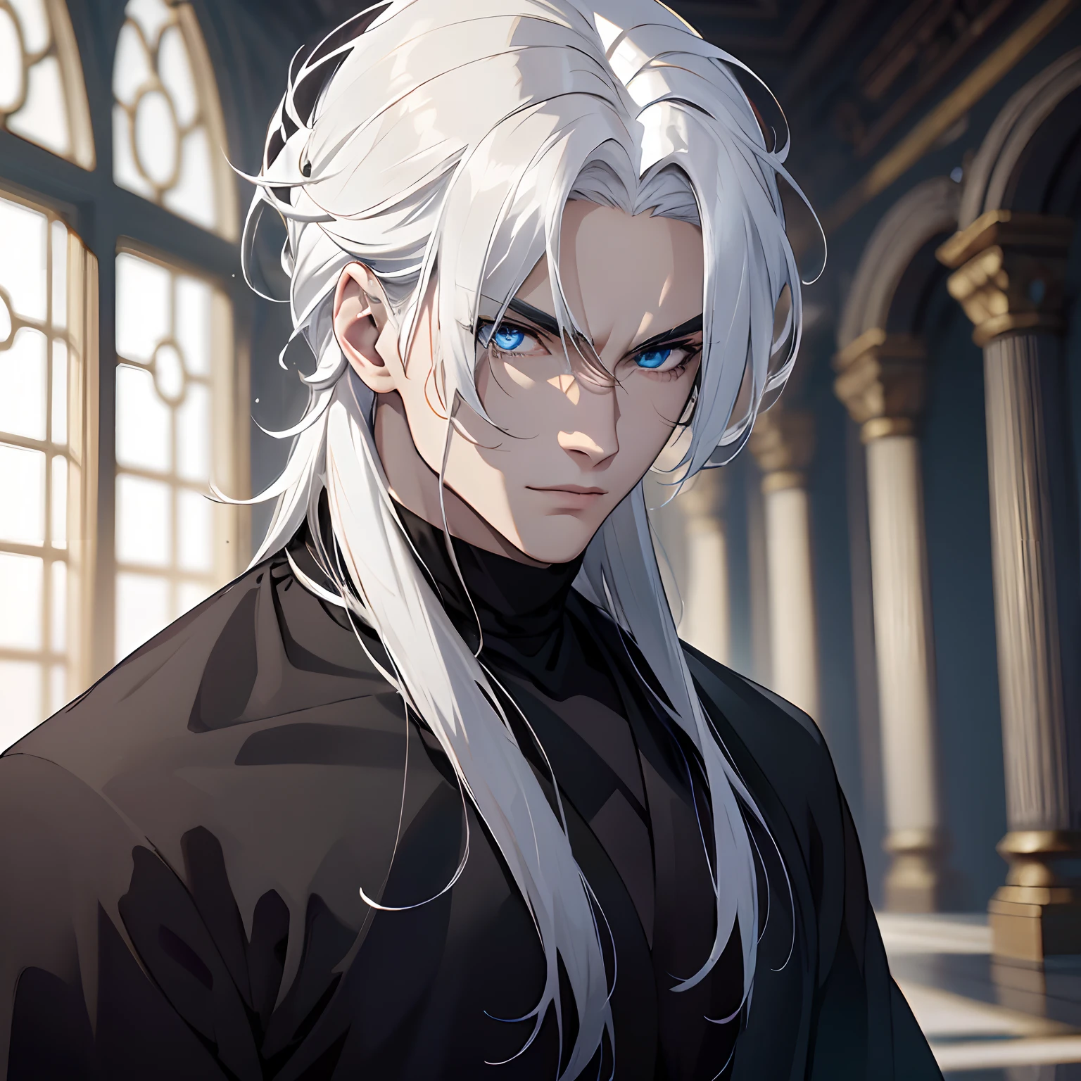 Muscular monk with white hair and blue eyes wearing a black outfit in a palace setting