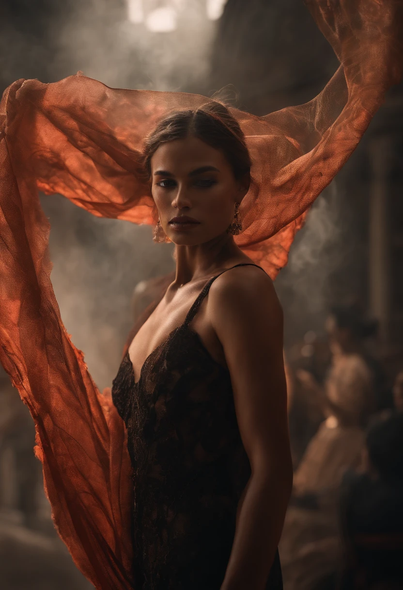 ethereal photo of an elegant man, Brazilian nationality, tanned skin, women in the background, emerging from swirls of smoke and red and black vapors, Peter Lindbergh style, masterpiece of complex art, foreboding, golden ratio, Trend in CGSeteration, intricate, epic, trending in artgerm's ArtStation, highly detailed, vibrant, production cinematic character rendering, very high quality model