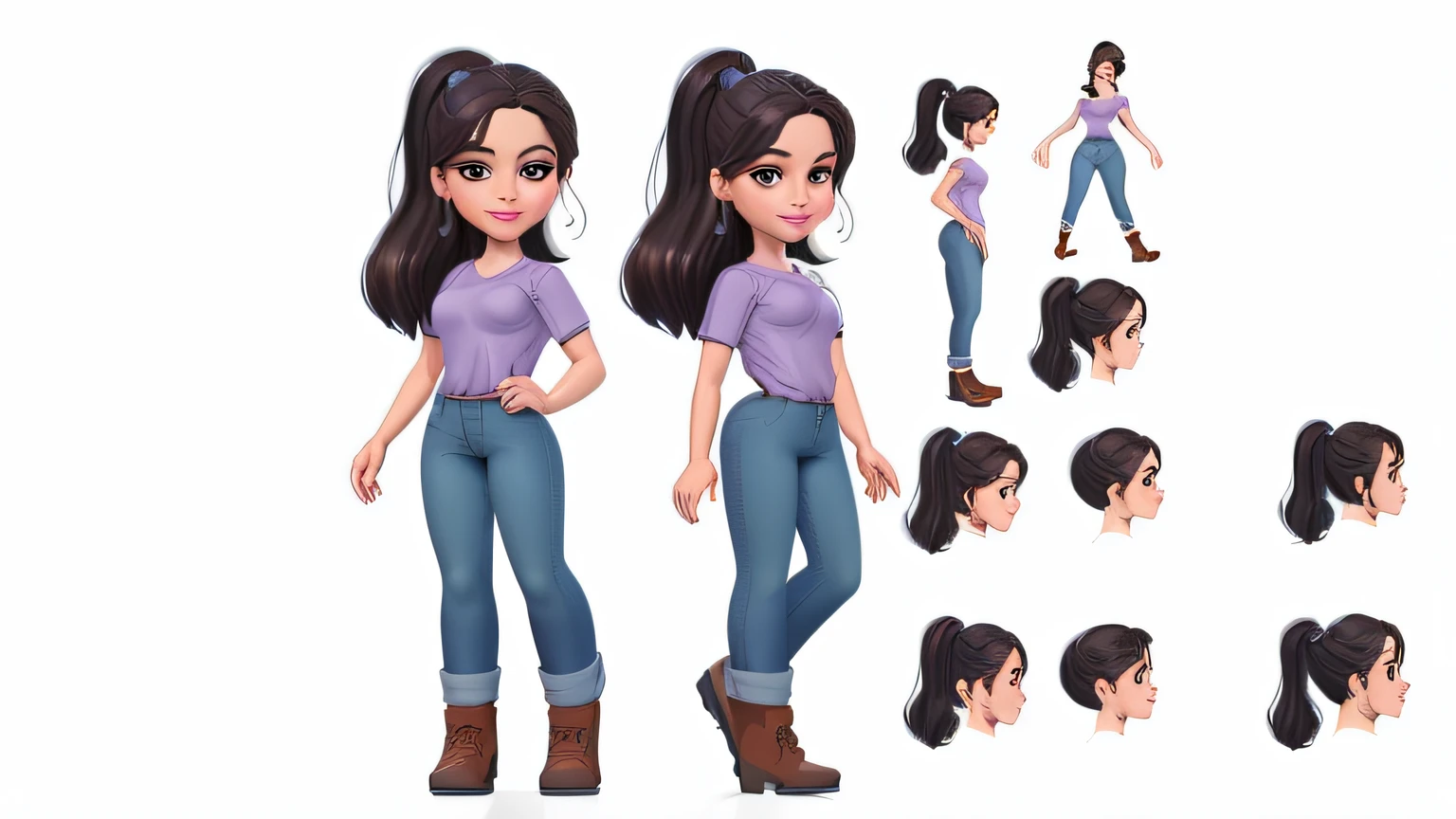 A woman in purple shirt and jeans poses with various poses, full body single character, Personagem altamente detalhado, single character full body, Personagem de corpo inteiro, corpo completo do personagem, personagem feminina, 3 d character reference sheet, Caractere estilizado, Detalhes do caractere 8K, modelo de personagem, Design de personagem estilizado, animation character, arte detalhada do personagem, Pose casual, Retrato de corpo inteiro do personagem