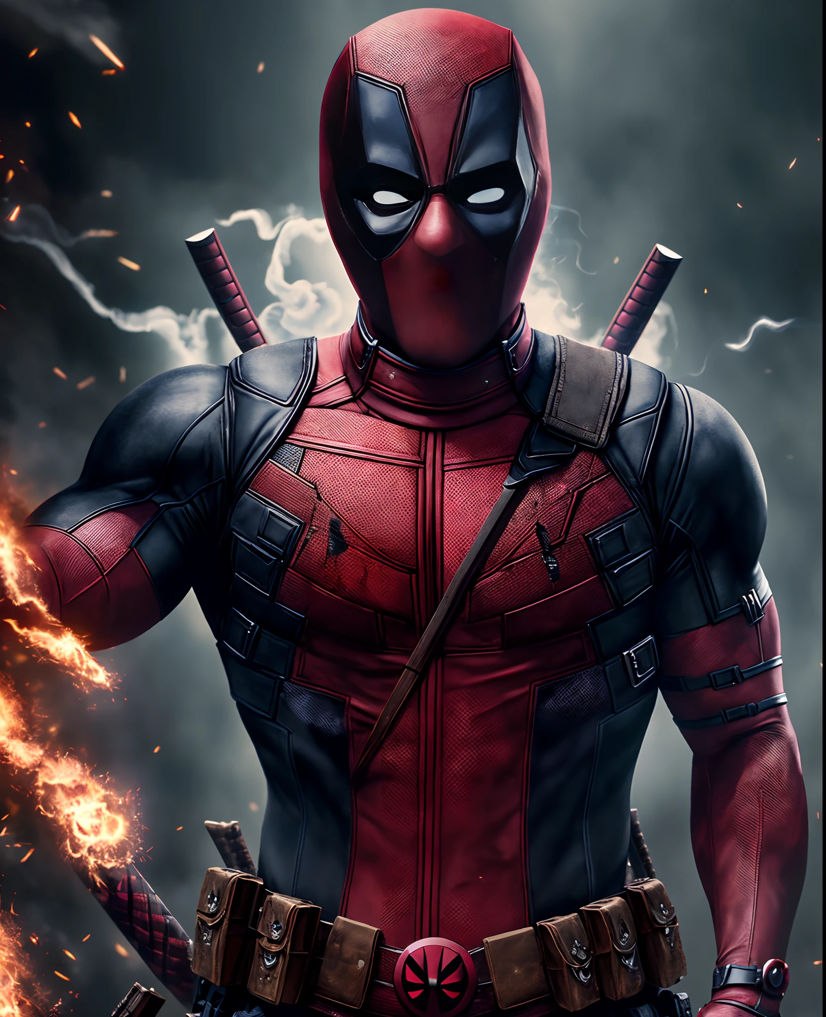 (extremely detailed 8k wallpaper), Close-up ( Deadpool From Marvel dressed in Goth style: 1.3) emerging from the the demons world, extremely detailed, smoke, sparks, metal shavings, flying debris, volumetric light