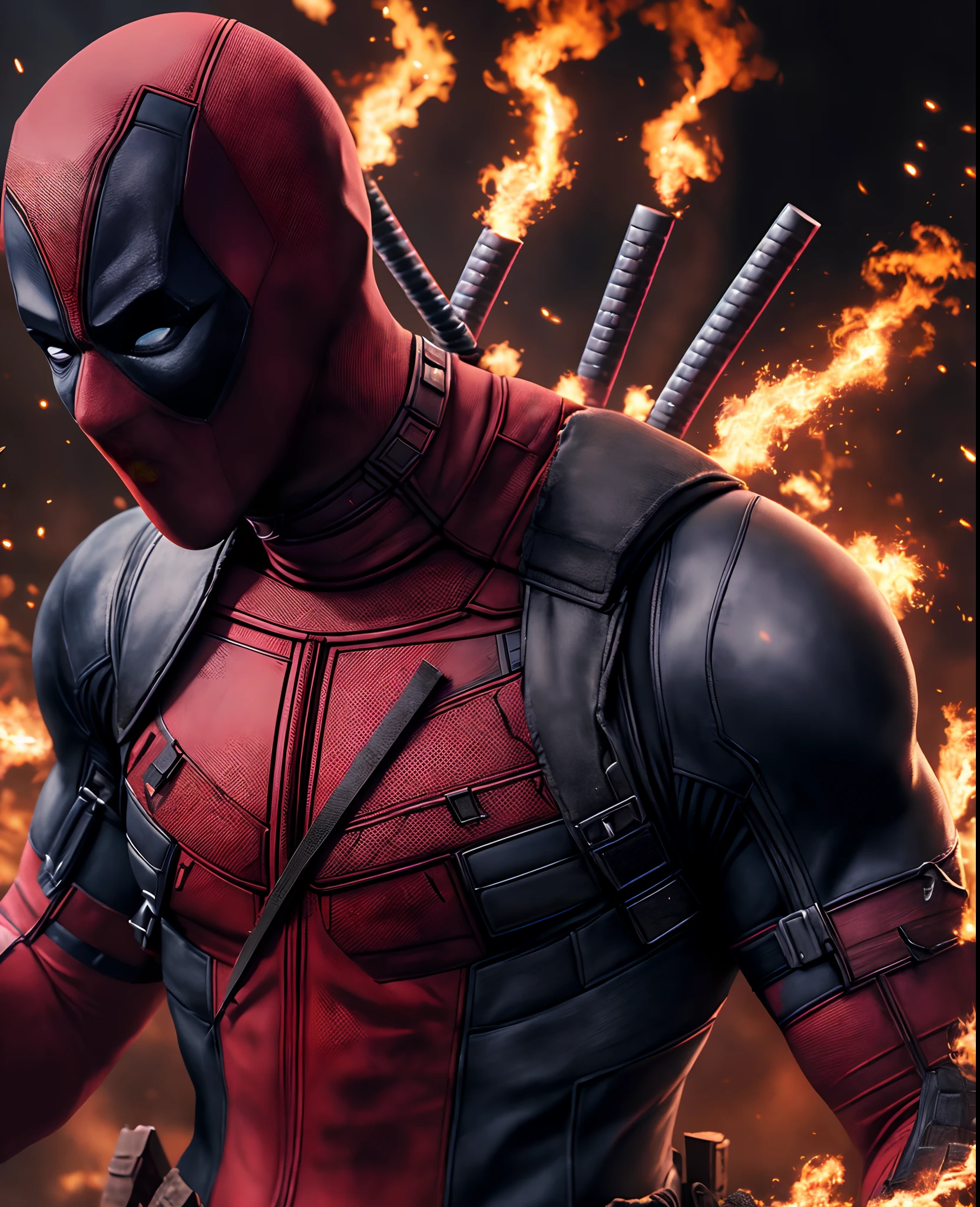 (extremely detailed 8k wallpaper), Close-up ( Deadpool From Marvel dressed in Goth style: 1.3) emerging from the the demons world, extremely detailed, smoke, sparks, metal shavings, flying debris, volumetric light