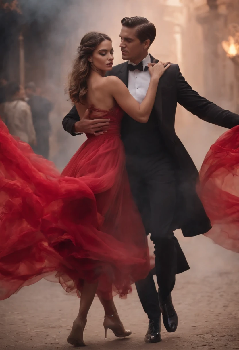 ethereal photo of an elegant couple, Brazilian nationality, tanned skin, emerging from swirls of smoke and red and black vapors, Peter Lindbergh style, masterpiece of complex art, foreboding, golden ratio, Trend in CGSeteration, intricate, epic, trend in ArtStation by artgerm, highly detailed, vibrant, production cinematic character rendering, very high quality model