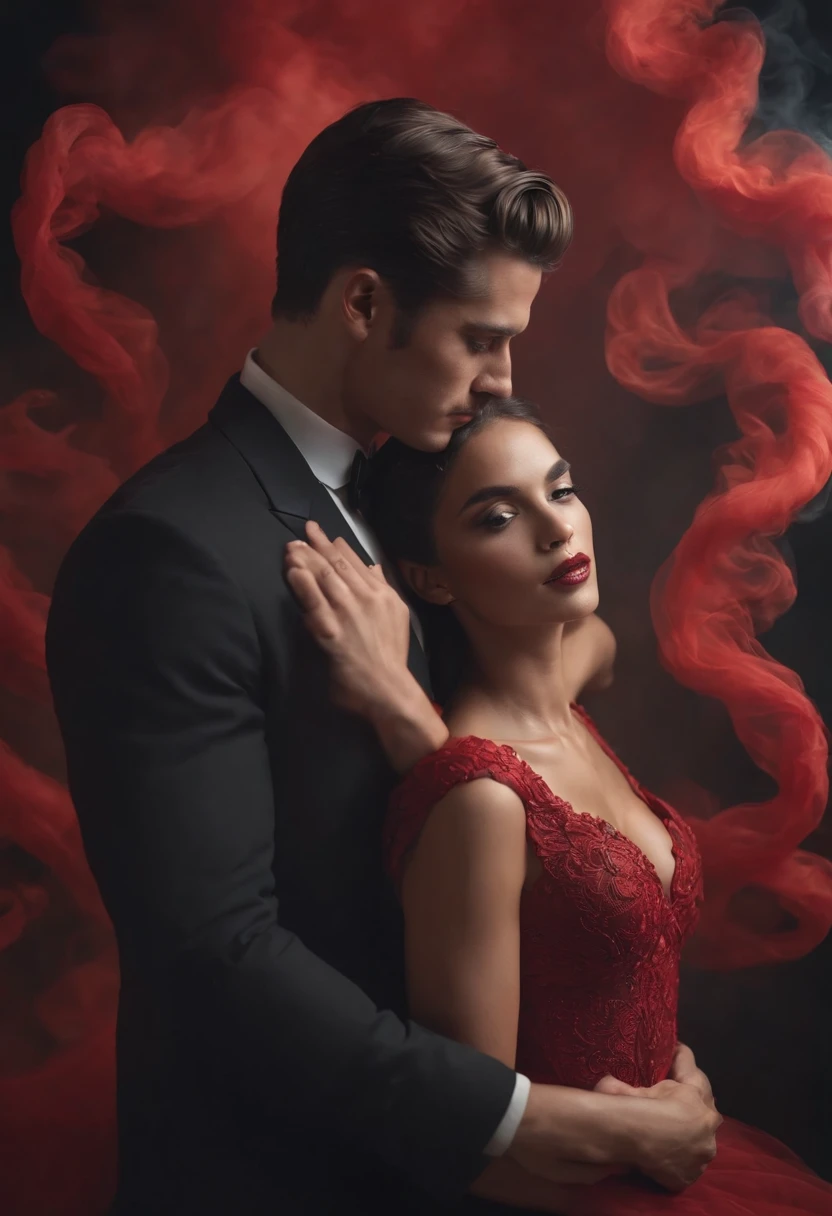 ethereal wallpaper of an elegant and sensual couple, Nacionalidade brasileira, pele bronzeada, emerging from swirls of smoke and red and black vapors, Estilo Peter Lindbergh, obra-prima de arte complexa, pressentimento, golden ratio, Trend in CGSeteration, Intricado, epic, Trending in ArtStation by artgerm, altamente detalhado, vibrante, production cinematic character rendering, ultra high quality model