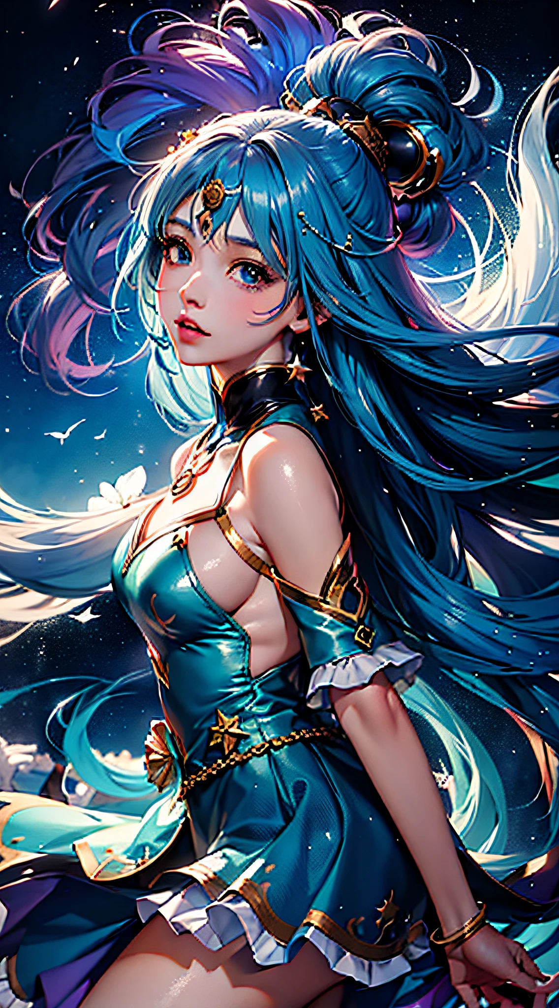 Anime girl with blue hair and blue dress，There is a star in the background, ! Dream art germ, Extremely detailed Artgerm, Beautiful celestial mage, Art germ on ArtStation Pixiv, Art germ. anime illustration, anime girl with cosmic hair, Portrait Chevaliers du Zodiaque Fille, Fantasy art style, Art germ. High detail