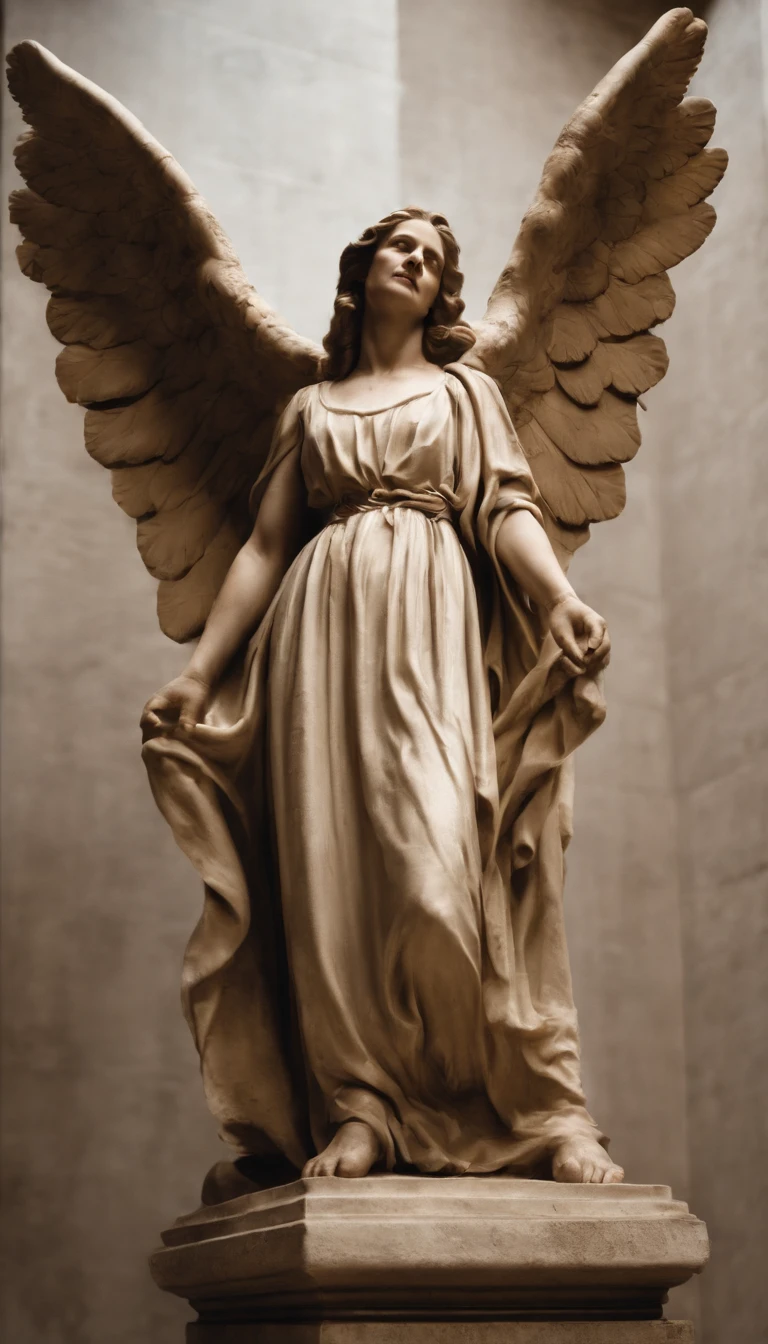 A stone statue of a female angel,Wearing a white robe,There was blood on the robe,The angel stands on a circular stone platform,In the church,The angel has a pair of angel wings on his back,There are a lot of lit candles at your feet,There was blood everywhere,Two lines of bloody tears flowed from the angel's face