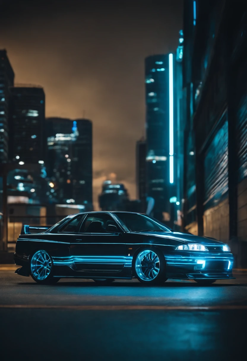 A 1999 Nissan Silver R33 lowered wide body, car body molded as if it was in the movie Tron legacy, Blue LED strips light up all the body lines of the car, night city background, motion blur, a close up of a car with a glowing blue stripe on the hood, tron, glowing neon vray, cyan headlights, black and cyan color scheme, futuristic neon, cyan lightning, black neon lights, teal neon lights, colors of tron legacy, stylized neon, dark neon lighting, light cyan, neon dark lighting, neon-noir background