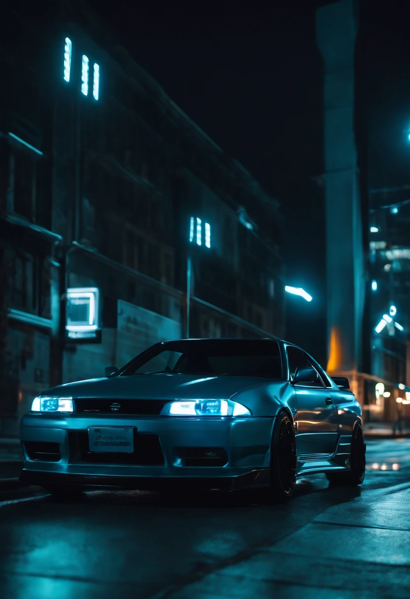 A 1999 Nissan Silver R33 lowered wide body, car body molded as if it was in the movie Tron legacy, Blue LED strips light up all the body lines of the car, night city background, motion blur, a close up of a car with a glowing blue stripe on the hood, tron, glowing neon vray, cyan headlights, black and cyan color scheme, futuristic neon, cyan lightning, black neon lights, teal neon lights, colors of tron legacy, stylized neon, dark neon lighting, light cyan, neon dark lighting, neon-noir background