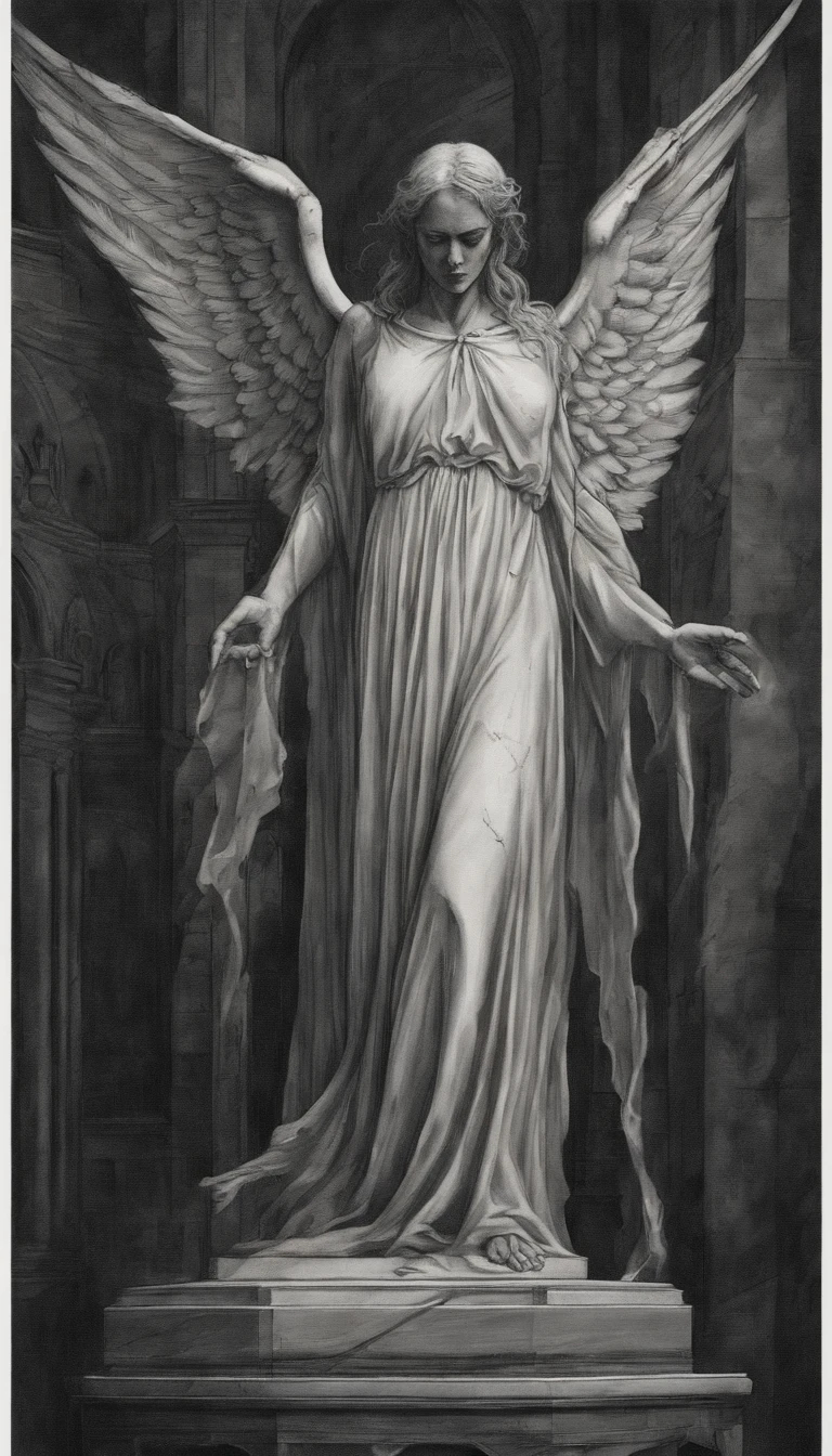 A stone statue of a female angel,Wearing a white robe,There was blood on the robe,The angel stands on a circular stone platform,In the church,The angel has a pair of angel wings on his back,There are a lot of lit candles at your feet,There was blood everywhere,Two lines of bloody tears flowed from the angel's face