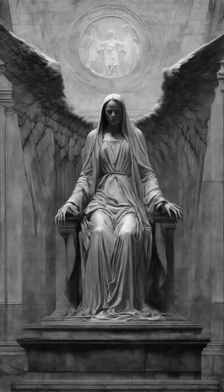 A stone statue of a female angel,Wearing a white robe,There was blood on the robe,The angel stands on a circular stone platform,In the church,The angel has a pair of angel wings on his back,There are a lot of lit candles at your feet,There was blood everywhere,Two lines of bloody tears flowed from the angel's face