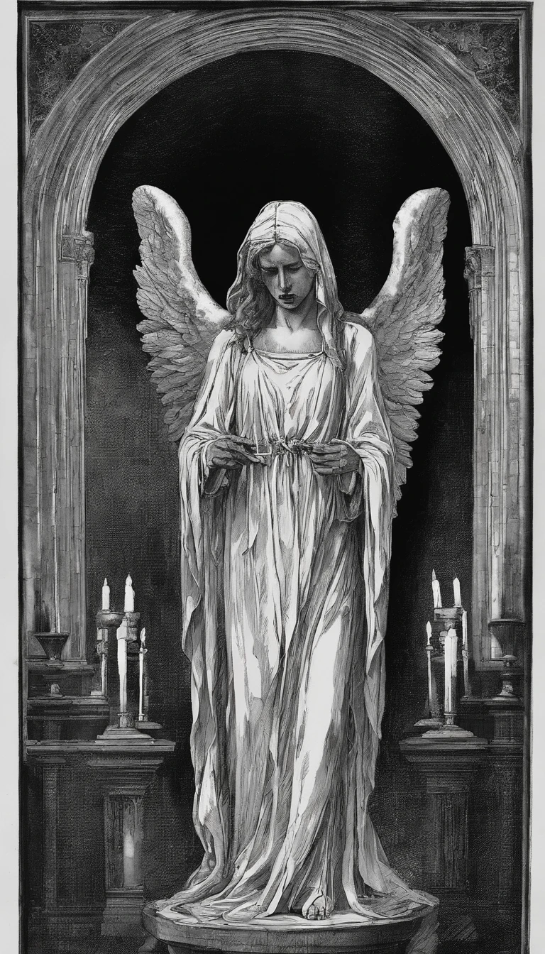 A stone statue of a female angel,Wearing a white robe,There was blood on the robe,The angel stands on a circular stone platform,In the church,The angel has a pair of angel wings on his back,There are a lot of lit candles at your feet,There was blood everywhere,Two lines of bloody tears flowed from the angel's face