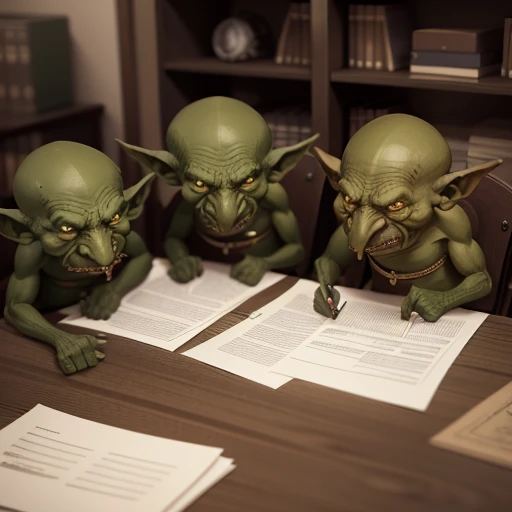 office room, Filled with half-meter green goblins, Sitting at tables with papers and documents. Lots of goblins. higly detailed. Top Quality.