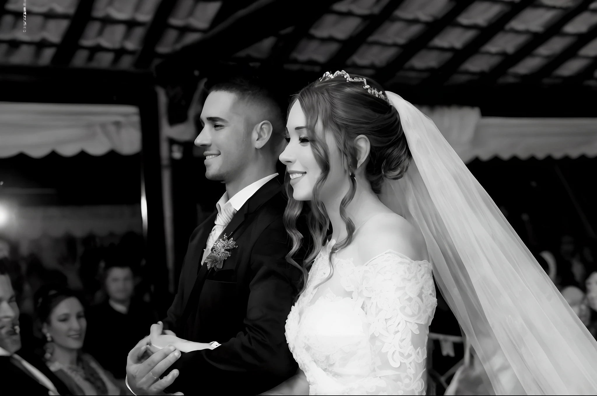 Crie foto realistica de uma noiva feliz em um dia ensolarado segurando seu convite de casamento