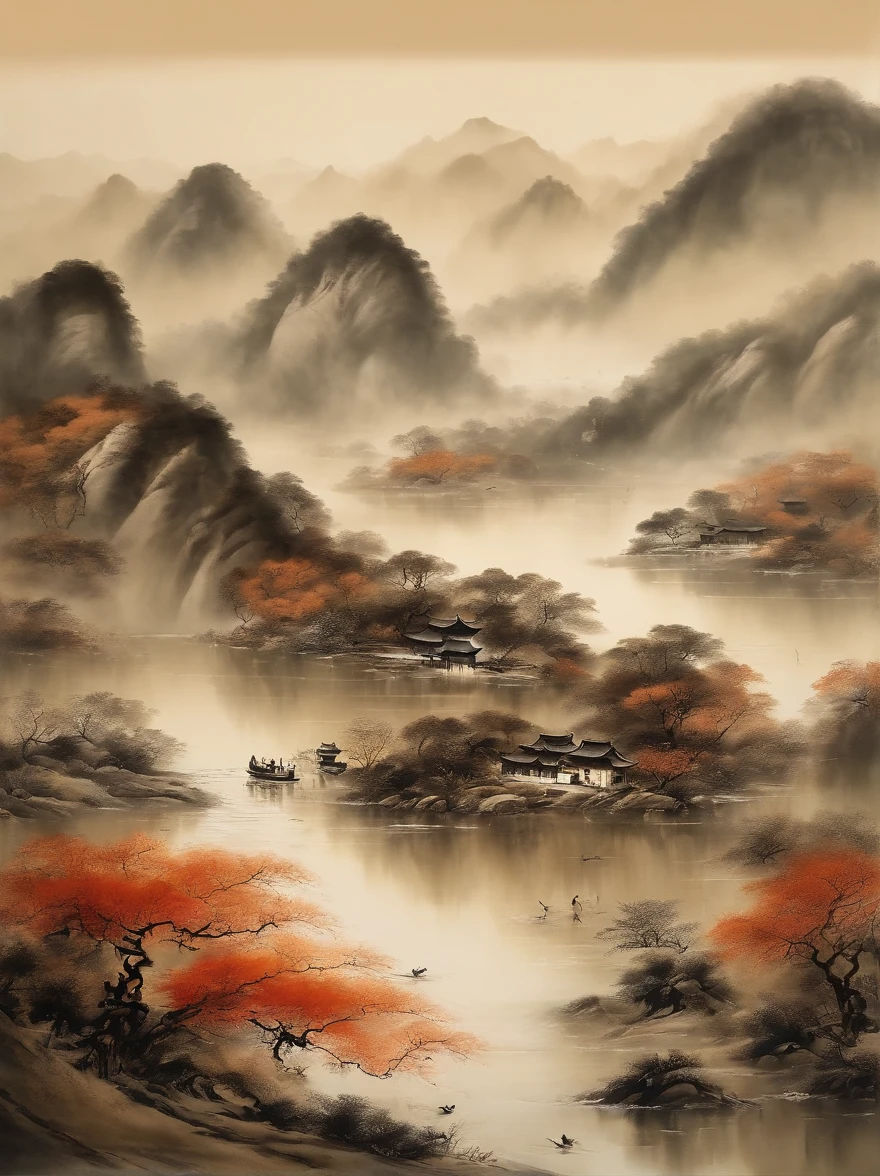 Scenery of the Yangtze River Delta region,Traditional Chinese painting、water ink、Brown tones、landscape、Ancient wind