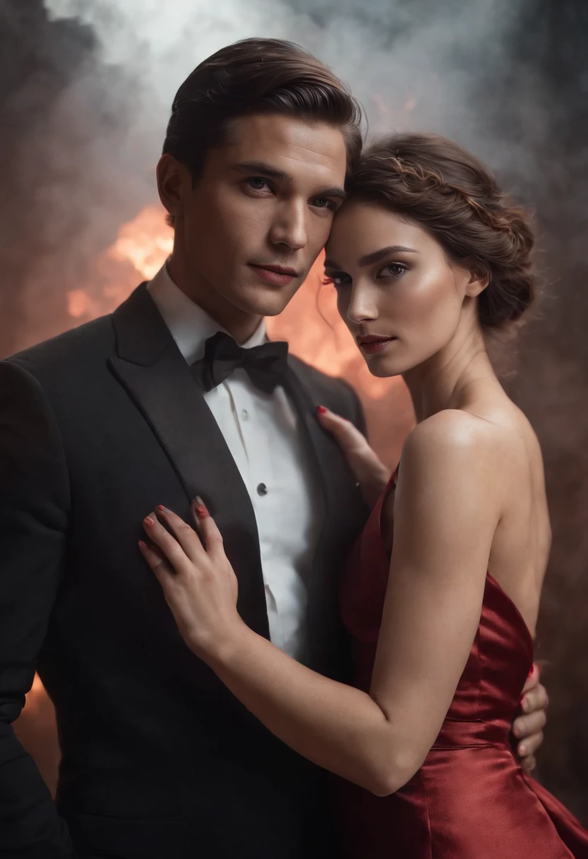 ethereal photo of an elegant couple, Brazilian nationality, tanned skin, emerging from swirls of smoke and red and black vapors, Peter Lindbergh style, masterpiece of complex art, foreboding, golden ratio, Trend in CGSeteration, intricate, epic, trend in ArtStation by artgerm, highly detailed, vibrant, production cinematic character rendering, very high quality model