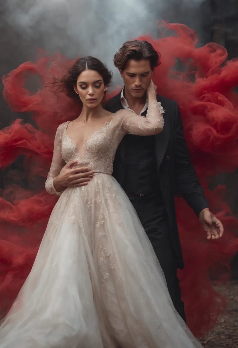 ethereal photo of an elegant couple, Brazilian nationality, tanned skin, emerging from swirls of smoke and red and black vapors, Peter Lindbergh style, masterpiece of complex art, foreboding, golden ratio, Trend in CGSeteration, intricate, epic, trend in ArtStation by artgerm, highly detailed, vibrant, production cinematic character rendering, very high quality model