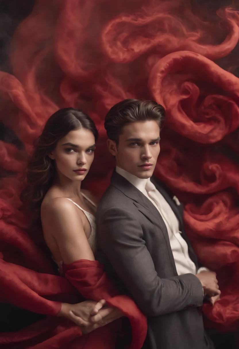 ethereal photo of an elegant couple, Brazilian nationality, tanned skin, emerging from swirls of smoke and red and black vapors, Peter Lindbergh style, masterpiece of complex art, foreboding, golden ratio, Trend in CGSeteration, intricate, epic, trend in ArtStation by artgerm, highly detailed, vibrant, production cinematic character rendering, very high quality model