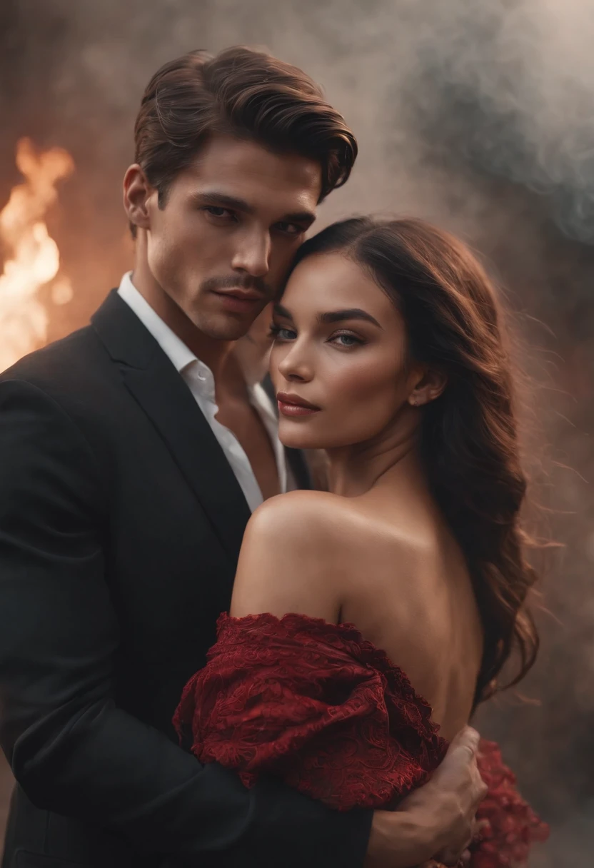 ethereal photo of an elegant couple, Brazilian nationality, tanned skin, emerging from swirls of smoke and red and black vapors, Peter Lindbergh style, masterpiece of complex art, foreboding, golden ratio, Trend in CGSeteration, intricate, epic, trend in ArtStation by artgerm, highly detailed, vibrant, production cinematic character rendering, very high quality model