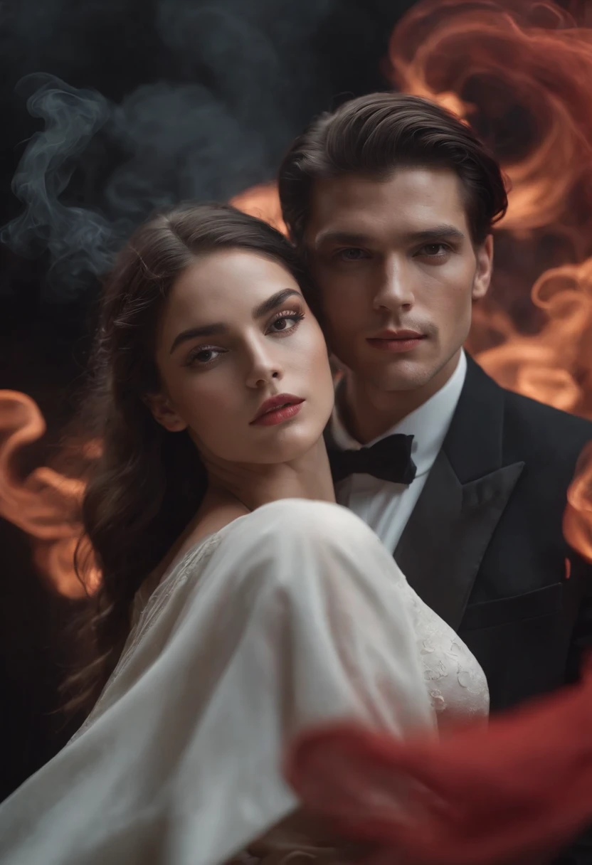 ethereal photo of an elegant couple, Brazilian nationality, tanned skin, emerging from swirls of smoke and red and black vapors, Peter Lindbergh style, masterpiece of complex art, foreboding, golden ratio, Trend in CGSeteration, intricate, epic, trend in ArtStation by artgerm, highly detailed, vibrant, production cinematic character rendering, very high quality model