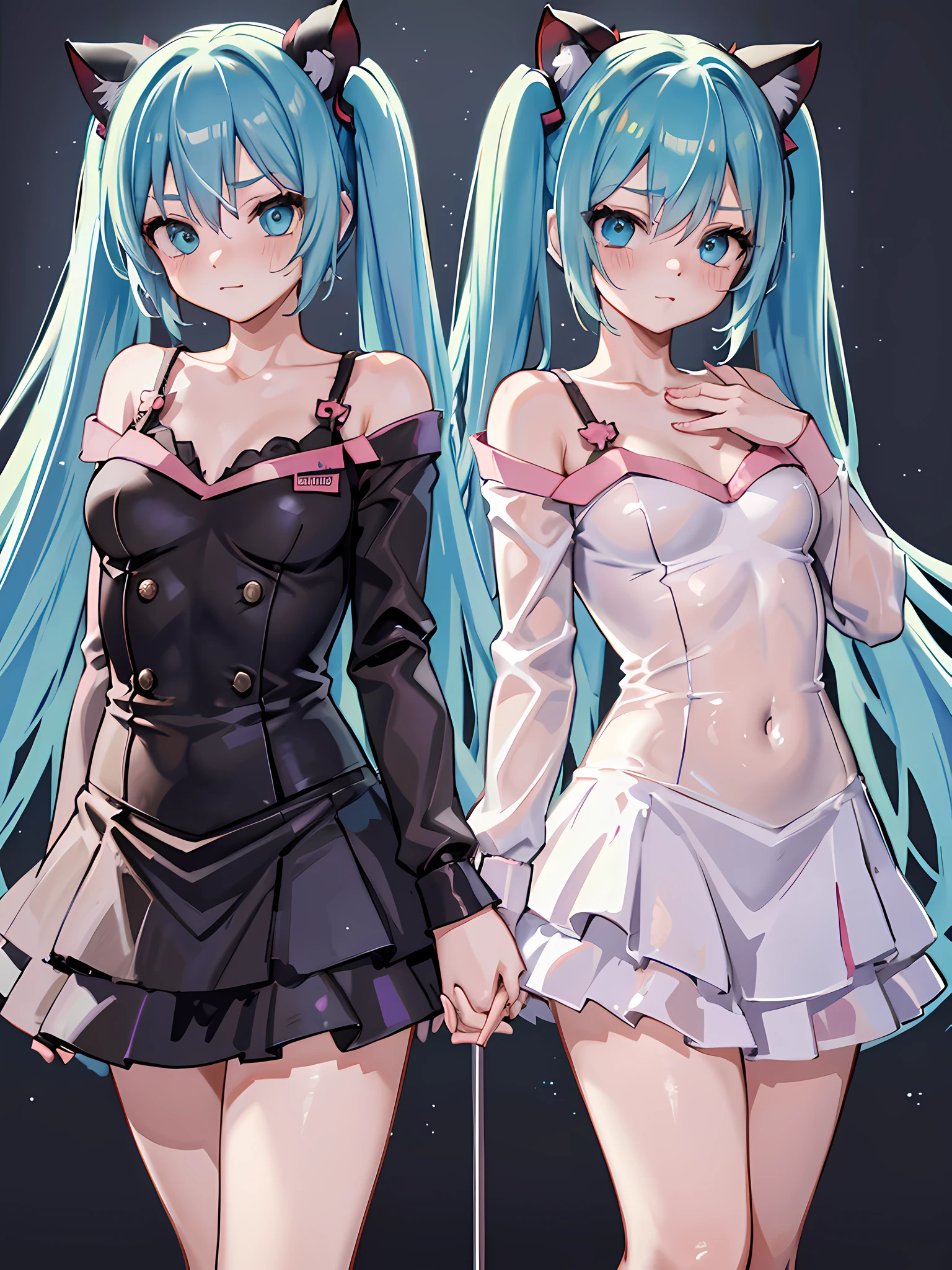 hatsune miku, hatsune miku outfit, twins, (2girls), cute, blush, cat ear, high res, ultrasharp, 8K, masterpiece