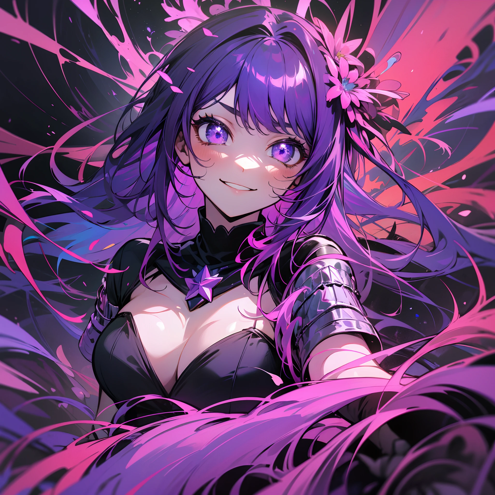 abstract art, psychedelia theme, close-up shot, one idol girl, she dances in sync with the world, shocking pink gloves, ill-omened expression, unpleasant smile, flowers blooming crazy, bloody joy of the stars, (deep purple and black tones:1.5), weird metaphysics.