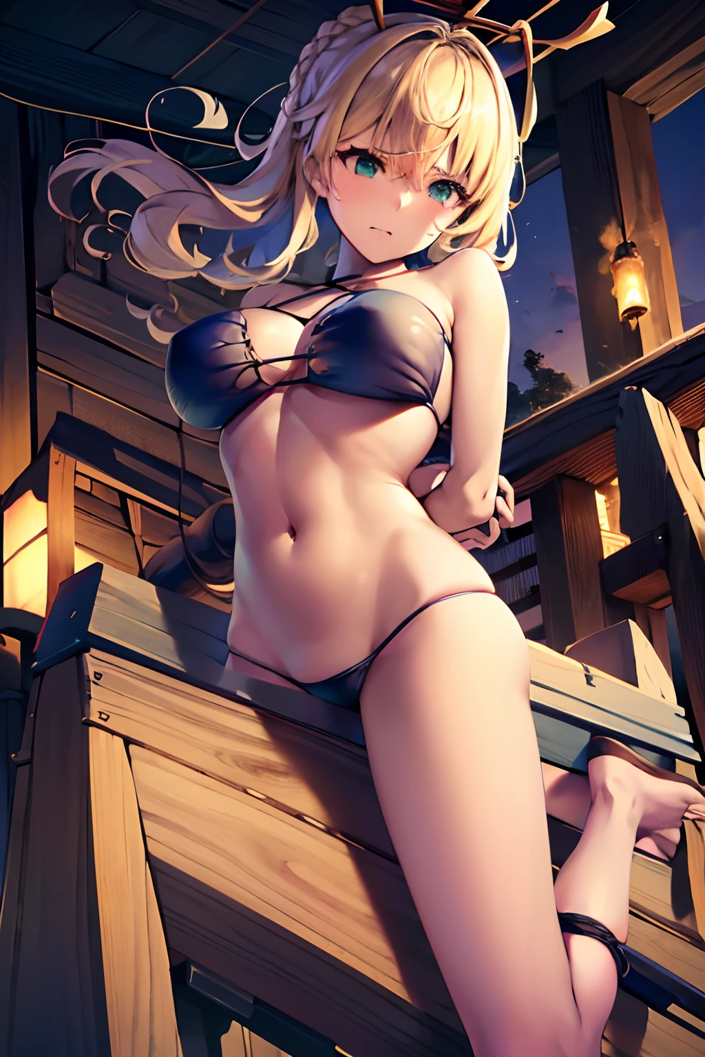 masutepiece, Best Quality, hight resolution, CC Saver, Blonde hair, Green eyes, Ahoge, (slingshot swimwear:1.3),  frown,, 1girl in, wooden horse, Crotch rubbing, Thought-provoking liquids, Shibari,, masutepiece, Best Quality, Highly detailed、(Hands behind your back:1.5)、nffsw, Large breasts,  female focus, Full body,  Juice, Sweat, (Straddling a wooden horse:1.3)、Glaring、the beach、blue-sky