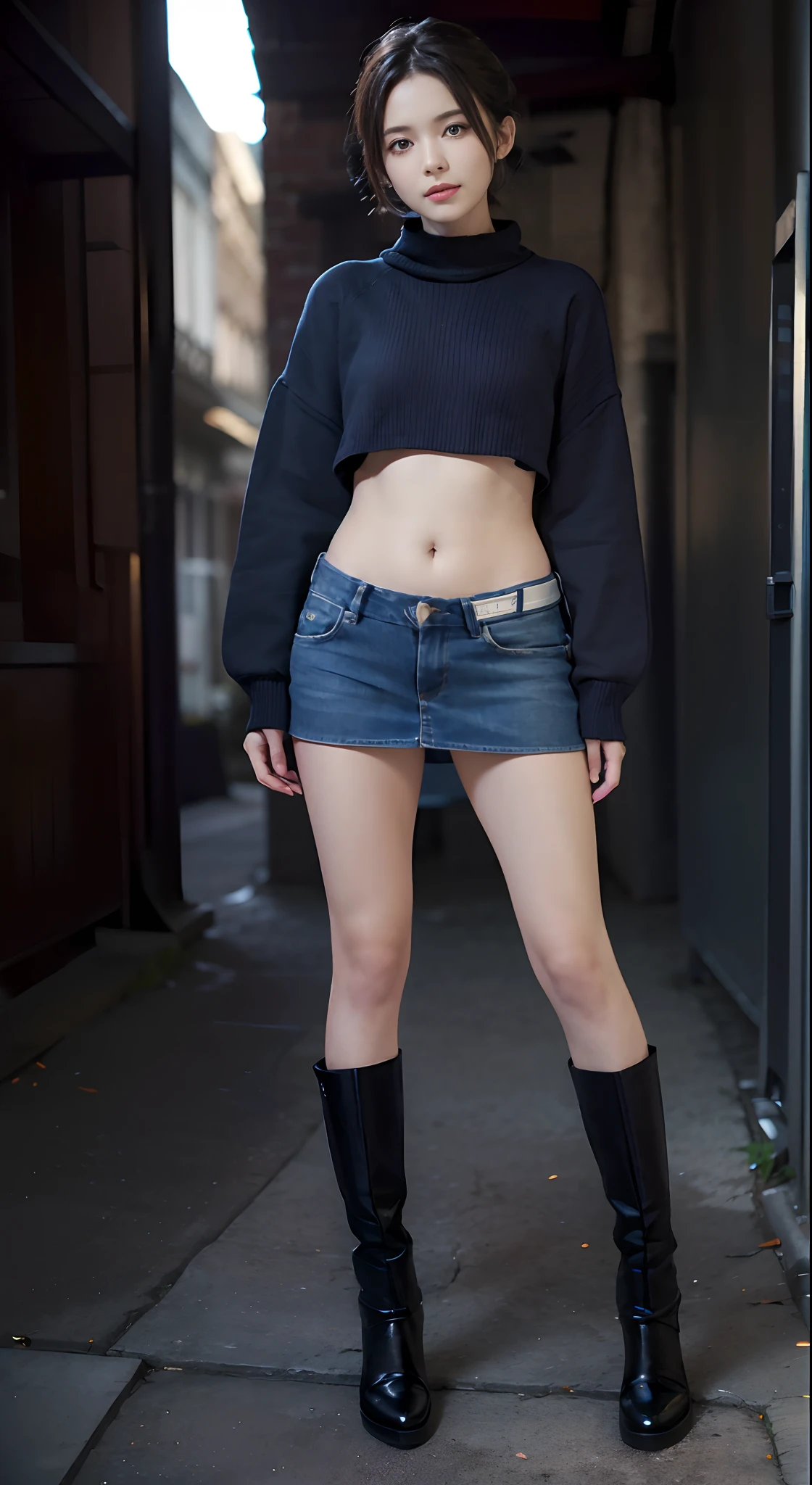 (masuter piece:1.3)、(8K、Photorealsitic、Raw photography、top-quality: 1.4)、(1girl in)、beautiful countenance、(Lifelike face)、(A dark-haired、short-hair)、
Beautiful hairstyle、realisticeyes、Beautiful details、（real looking skin）、Beautiful skins、absurderes、enticing、超A high resolution、A hyper-realistic、high-detail、the golden ratio、
((wide open abdomen))、((open abdomen))、((wide open navel))、((open navel))、((Mid-Riff Sweater))、((Ultra-low rise、Denim shorts))、
((Navel Ejection))、((small hips))、((long limbs))、((Full body depiction))、((small  hip))、(boots)、((Ultra-low rise))、((Denim shorts))、((is standing))、
