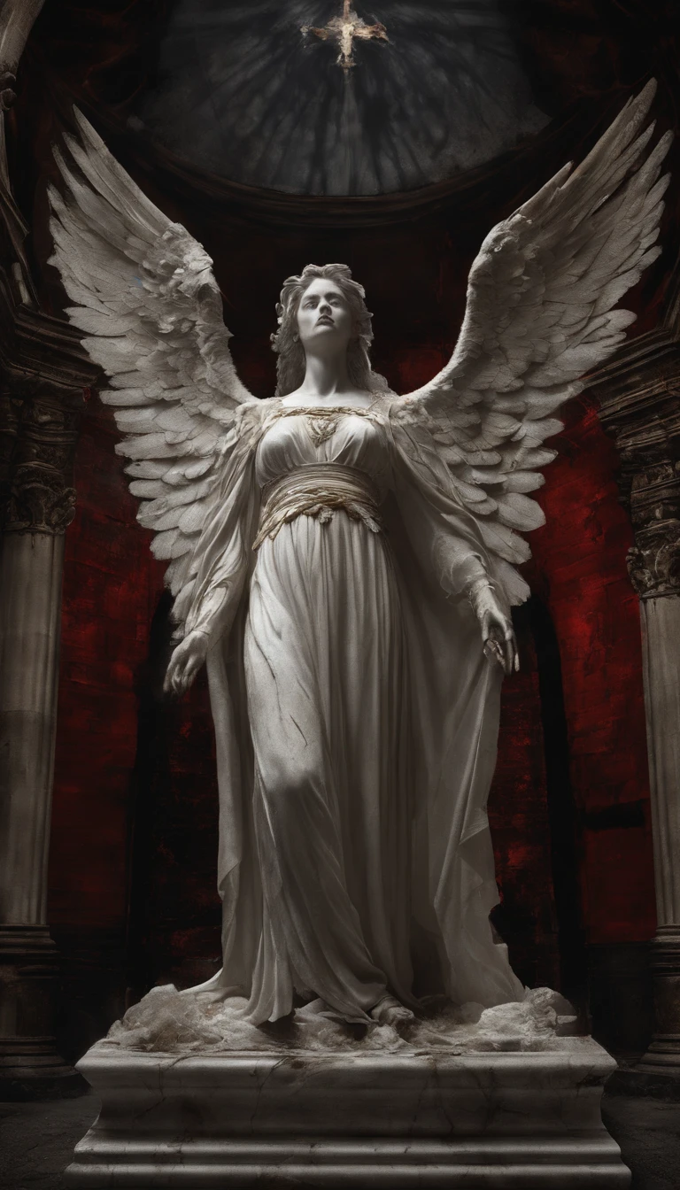 (a female angel statue),(wearing a long white robe:1.1),(the robe is stained with blood:0.9),(standing on a circular stone pedestal),(inside a church),(the angel has a pair of angel wings growing on its back),(surrounded by many lit candles),(blood stains are everywhere),(the angel's face is streaming with two lines of bloody tears)。
(blood-stained),(weeping blood),(serene expression),(majestic),(detailed facial features),(tall stature),(angelic),(elegant),(gazing upwards),(golden halo:1.1),(soft illumination),(shadows playing on the marble),(crimson red),(melancholic atmosphere),(sombre lighting),(stainedglass windows),(solemn),(holy atmosphere:1.1),(subtle emotions),(mysterious aura),(divine guard),(sacred),(tragic beauty:1.1)。(highres:1.2)
Due to the large randomness of the output of Stable Diffusion for character titles,We need to describe the facial features of the character、details such as the color of the clothing。The female angel is both the subject of the picture,It is also the most critical element。Other details don't just add to the level of detail,It can also add more storytelling and artistry to the generated images。